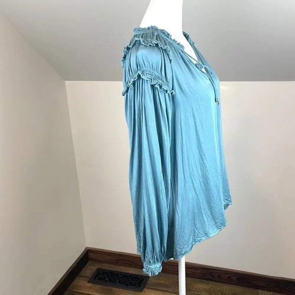 SUNDANCE So In Love Ruffle Peasant Top Long Sleeve Split V-neck Blue Size Medium - Picture 5 of 8